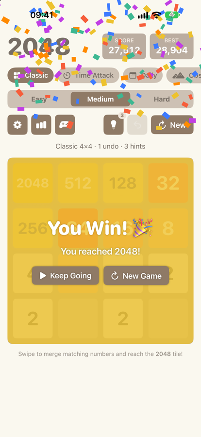 The win screen with confetti after reaching 2048