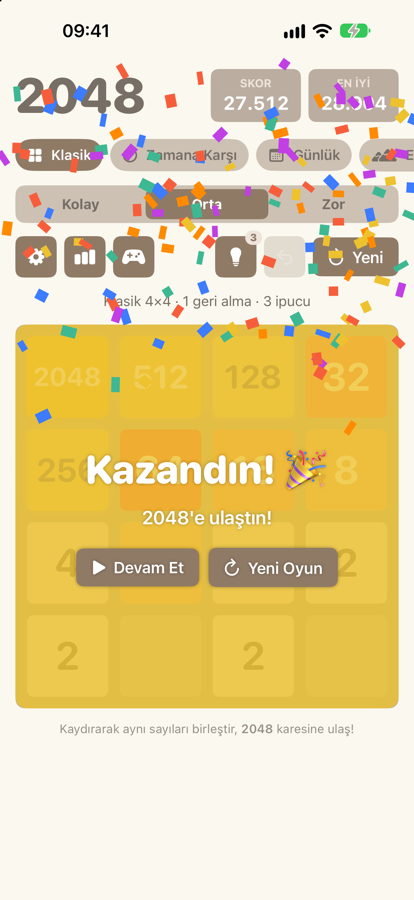 2048'e ulaşınca konfetili kazanma ekranı