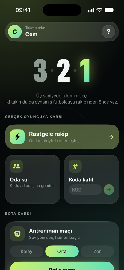 Ana ekran: rastgele rakip, oda kur, bota karşı