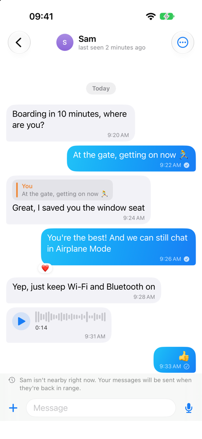 A conversation with a reply, a reaction and a voice message